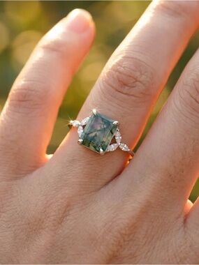 Silver Moss Agate Ring • Emerald Cut Engagement Ring Nature Inspired